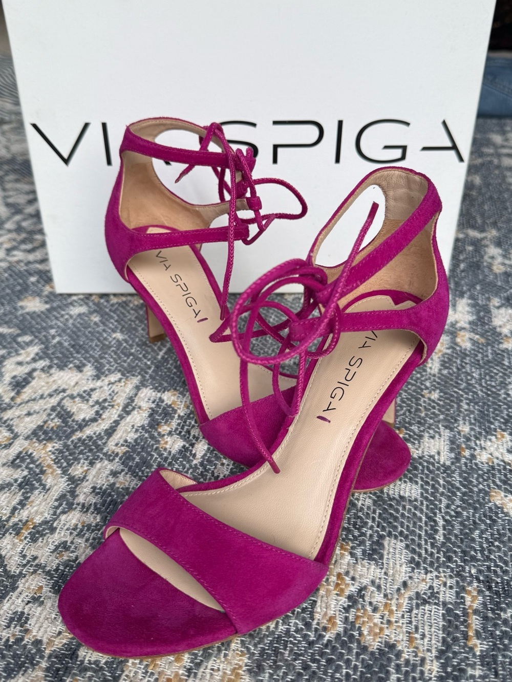 • VIA SPIGA • Fuchsia Suede Lace-Up Heeled Sandals open toe